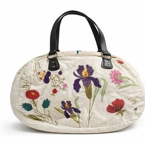 Vintage Y2K Anthropologie Nest Floral Embroidered Canvas Weekender Bag Boho Tote